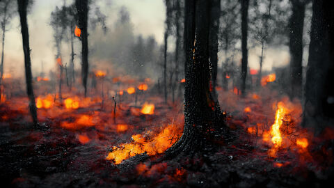 Ein nahezu abgebrannter Wald mit glühendem Boden und Flammen