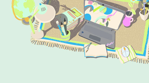 Illustration: Laptop und Stifte auf dem Boden