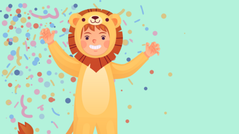 Illustraion: Ein als Löwe verkleidetes Kind steht lachend im Konfettiregen