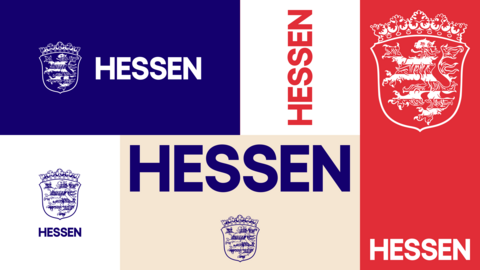 Collage mit den neuen Hessenfarben, Hessenmarke und Schrift