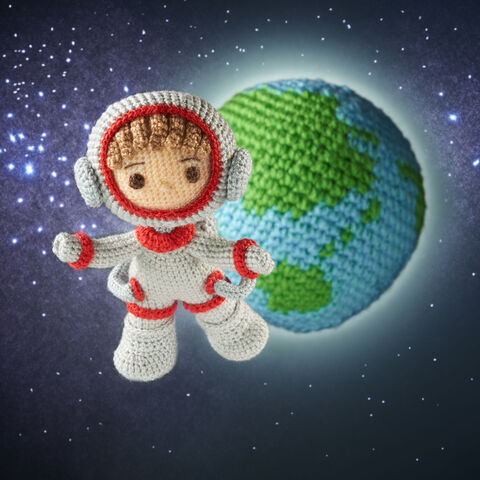 Von "Hessen in Space" zu "Häkel in Space" Ein gehäkelte Astronautenfigur vor einer gehäkelten Erde fliegt im Weltraum
